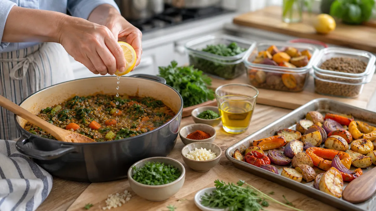Preparing low-sodium heart-healthy meals with lentils, roasted vegetables, lemon, herbs and olive oil