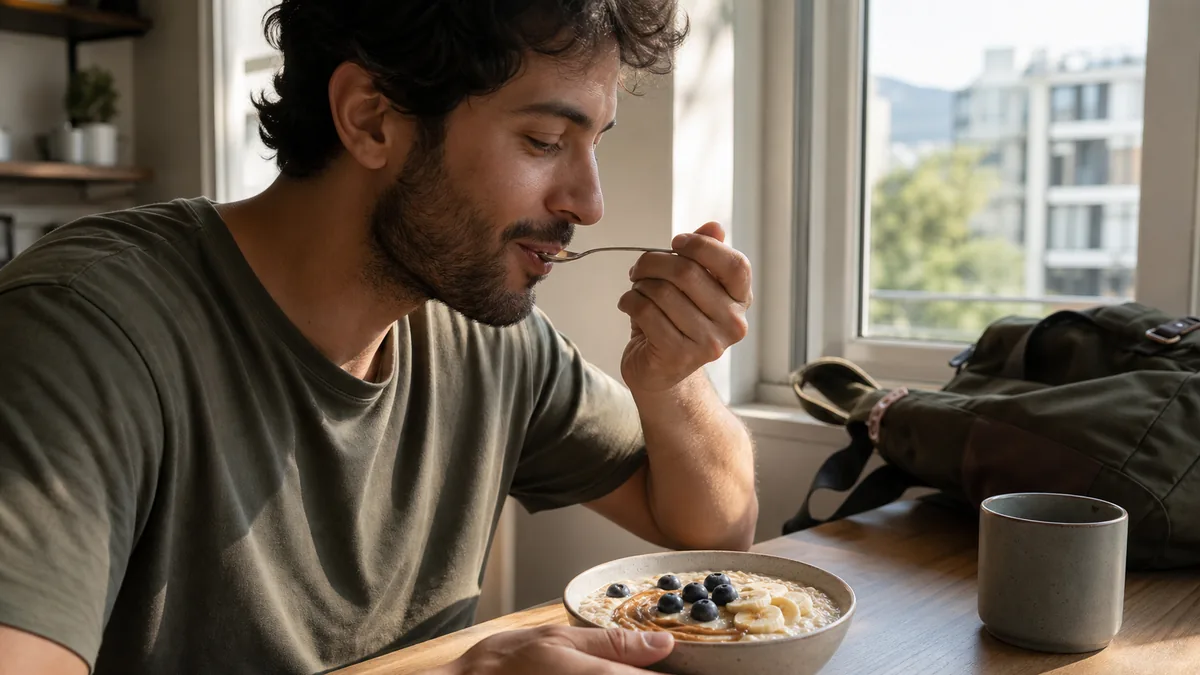 Man eating thick creamy overnight oats with banana, blueberries and almond butter